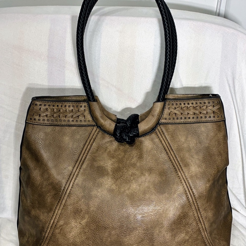 faux leather tote bag with whipstitch and braided handle details mint condition